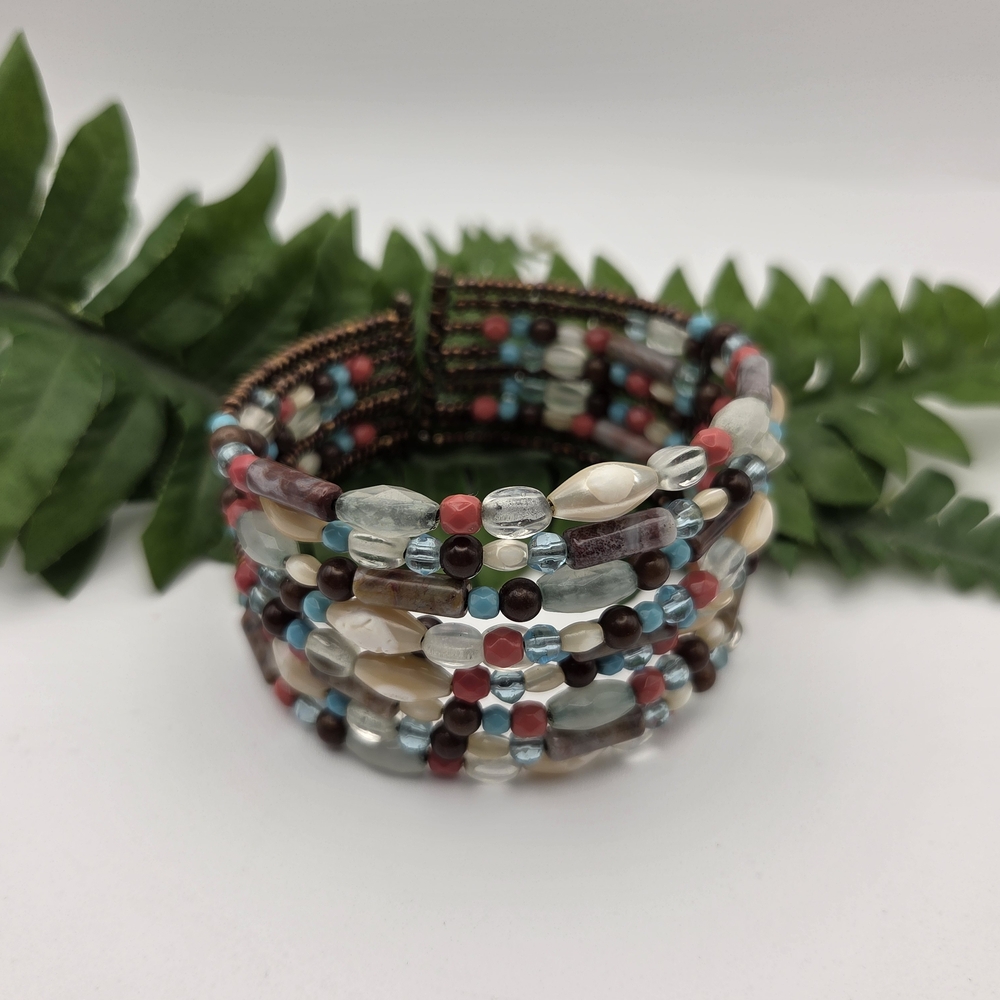 Boho Beaded Bracelet Earthy Tones Flexible Colorful - Picture 2 of 12